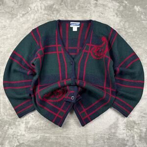 VTG 90s PENDLETON Wool Green Red Plaid Embroidered Paisley Button Cardigan SZ L